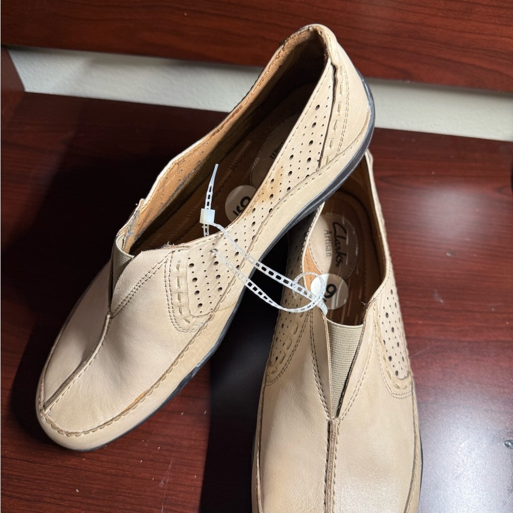 Clarks Beige Leather Slip-On Loafers